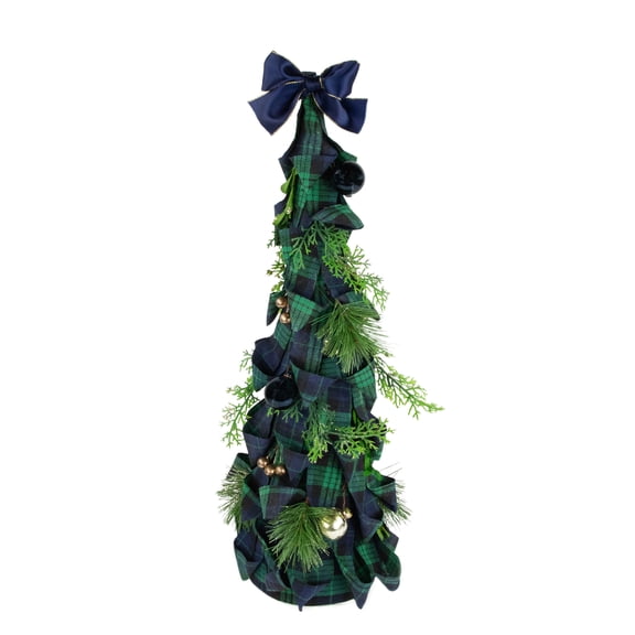 Northlight Pine, Jingle Bell and Plaid Ribbon Christmas Cone Tree - 18" - Green and Blue