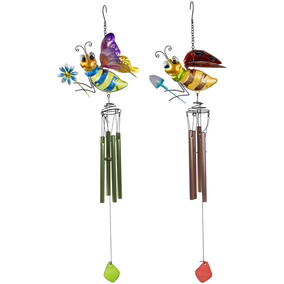 Northlight Pink and Green Bees Outdoor Garden Windchimes - 30" - Set of 2