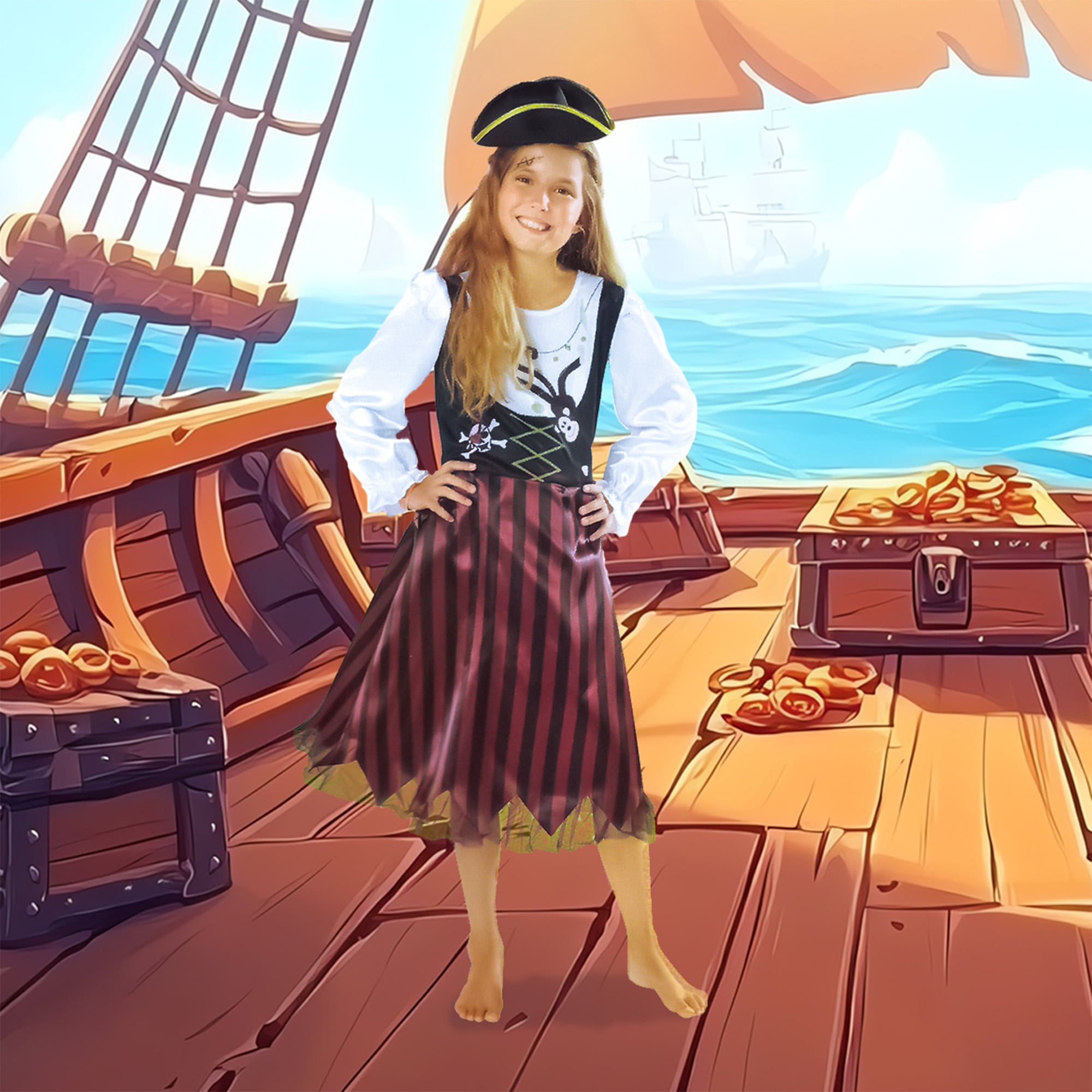 Red and Black Pirate Girl Child Halloween Costume - Medium