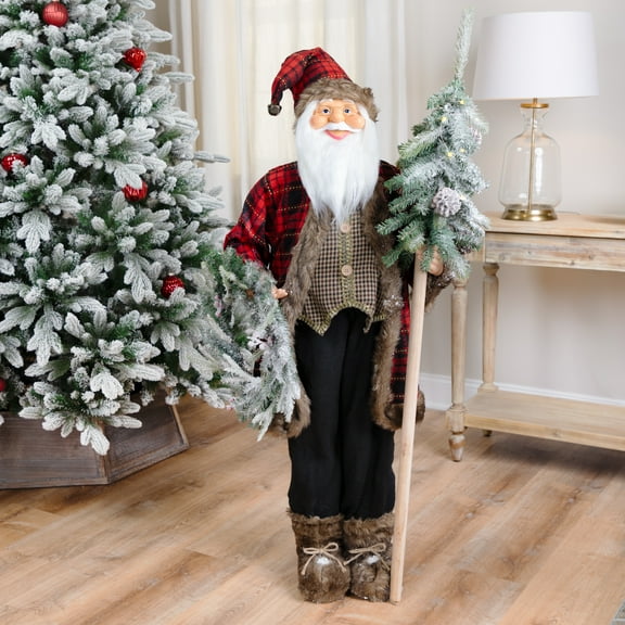 Plaid Standing Santa with Wreath & Alpine Tree Christmas Figure - 4'