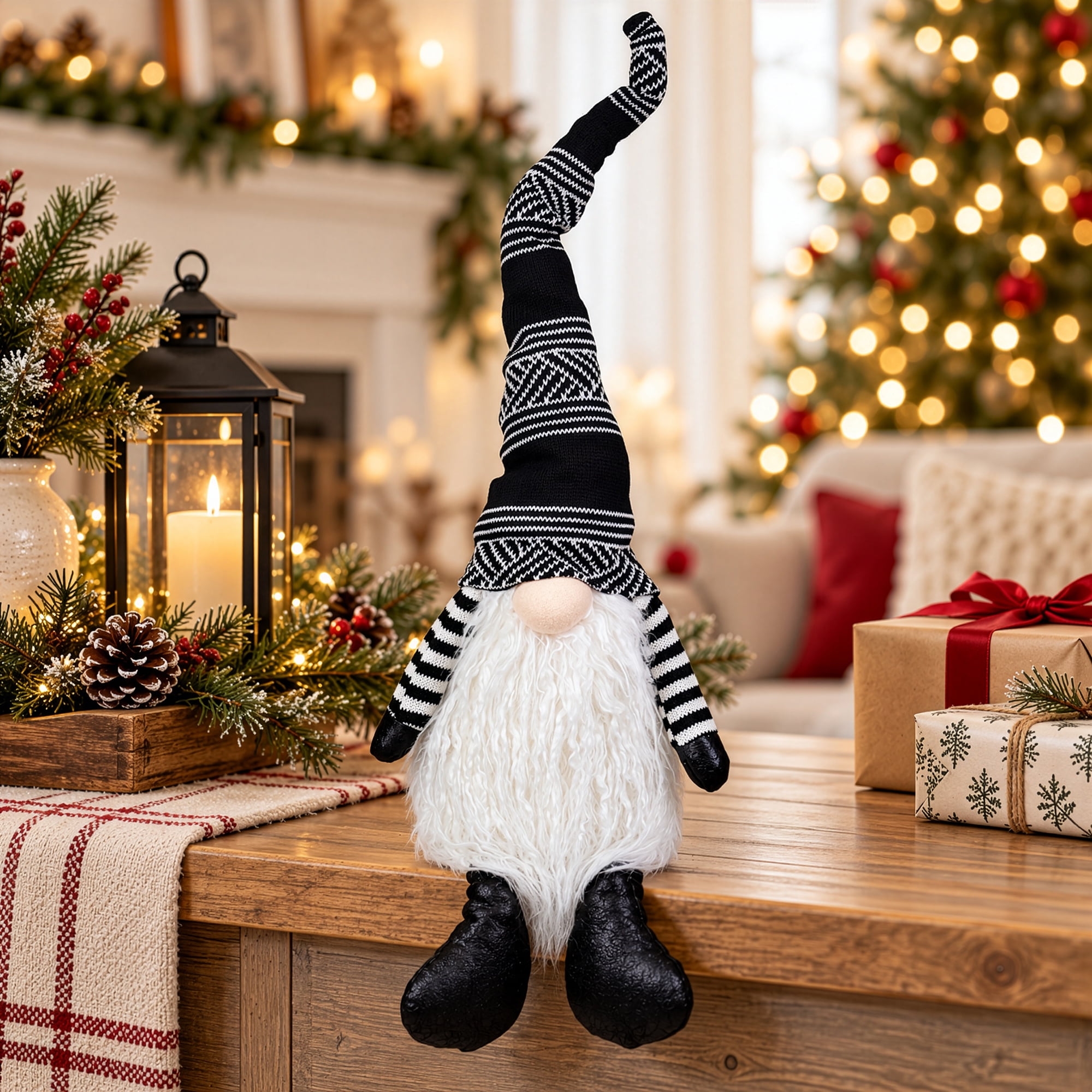 Northlight Striped Arms and Hat Plush Gnome Christmas Decoration - 24" - Black and White