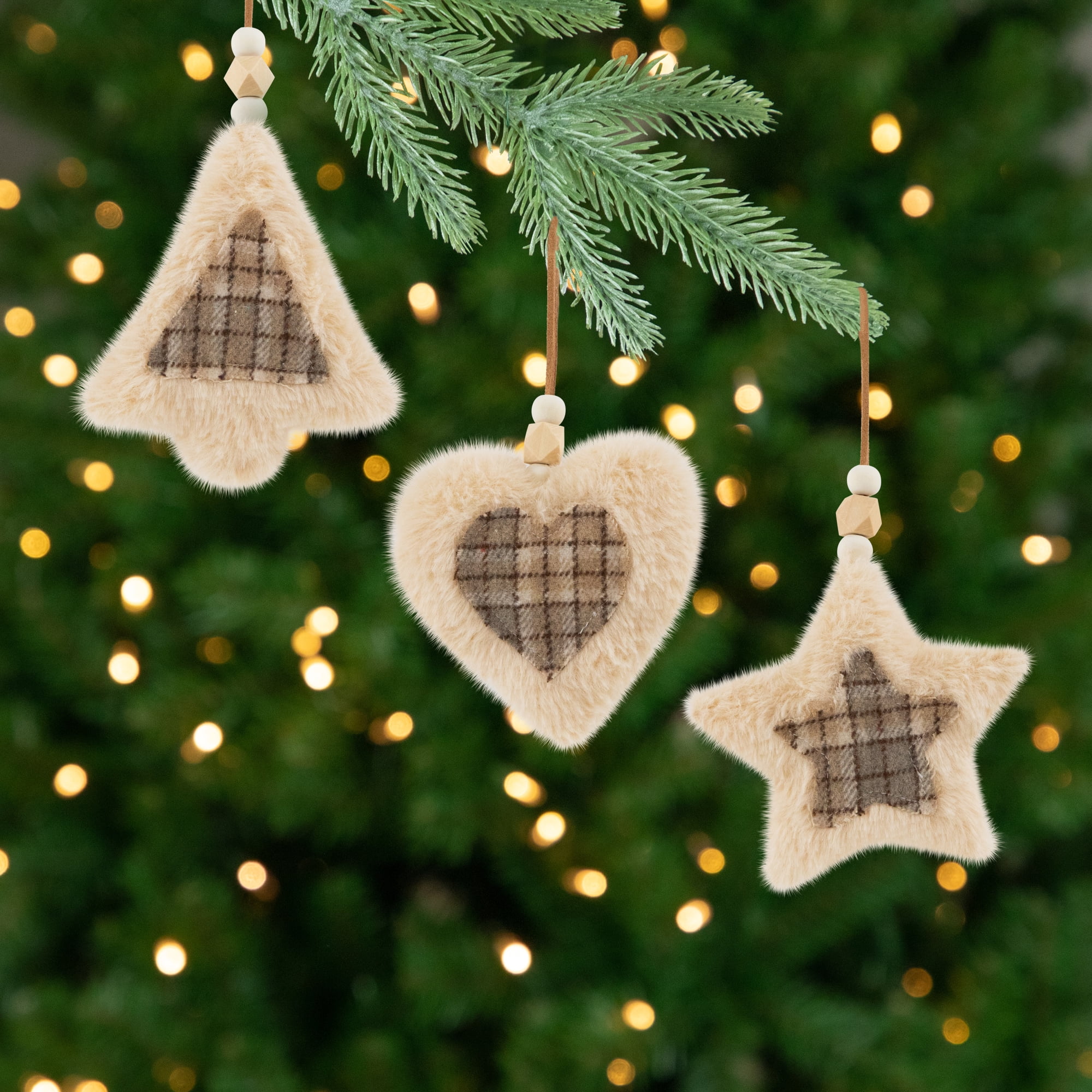 Northlight Plush Tree Star and Heart Shaped Plaid Christmas Ornaments - 4.5" - Tan - Set of 3