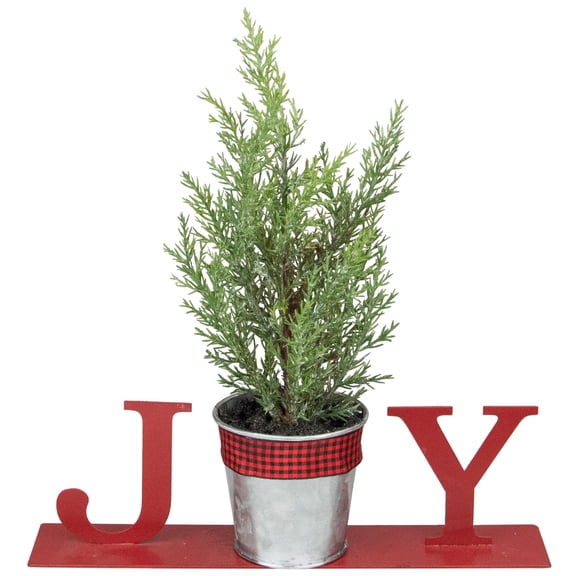 Northlight Potted Faux Pine in Metal "JOY" Planter Christmas Decoration - 10" - Red