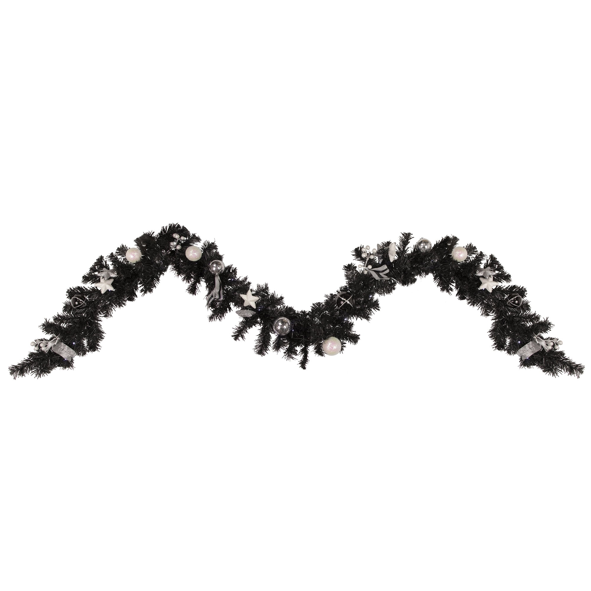 9' Black Pine Artificial Christmas Garland with Cool White LED Lights and Ornaments