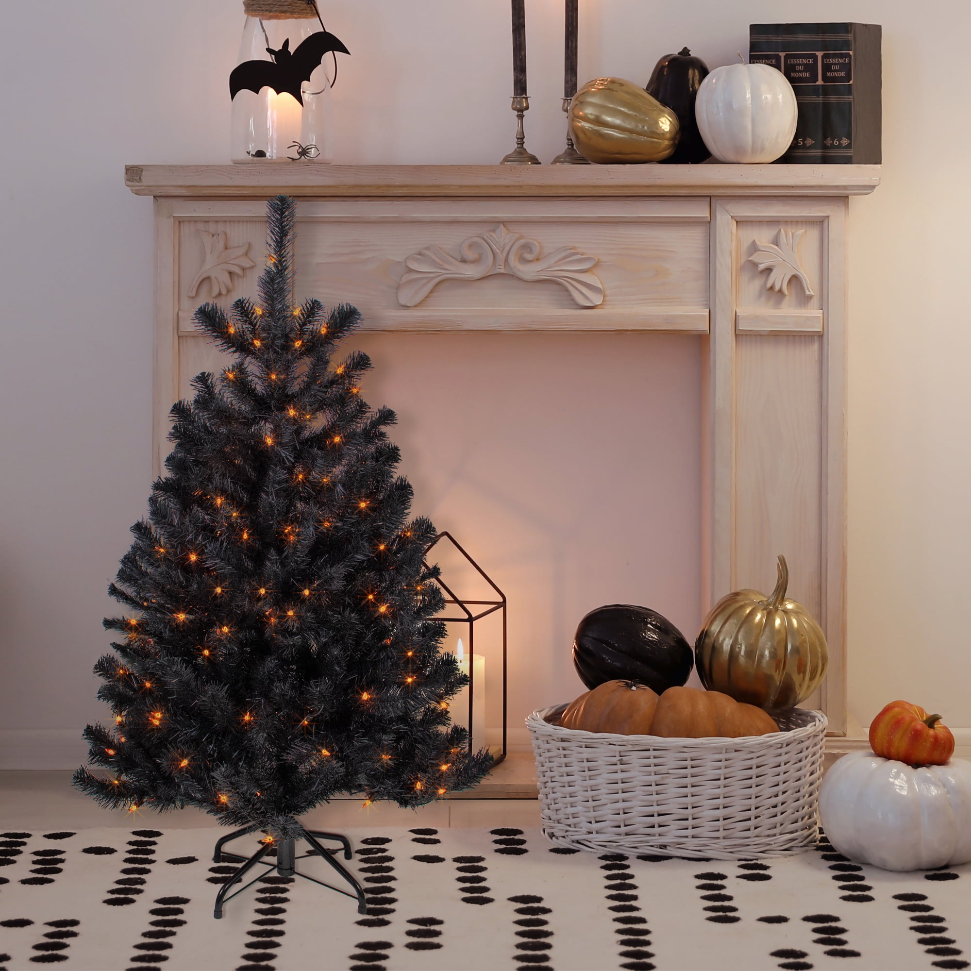 3 ft. Halloween Pre Lit Black Tree Decoration with Fiber Optic, Candy Corn Colored Lights, Plug-In