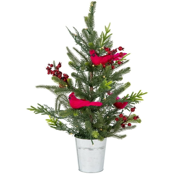 Northlight Pre-Lit LED Mixed Pine Potted Christmas Tree with Berries and Cardinals - 2' - Warm White