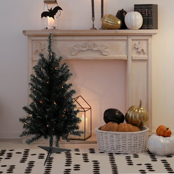 Northlight Pre-Lit Medium Black Noble Spruce Artificial Halloween Tree - 3' - Orange Lights