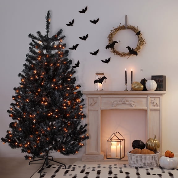 Northlight Pre-Lit Noble Spruce Artificial Halloween Tree - 6' - Black - Orange Lights