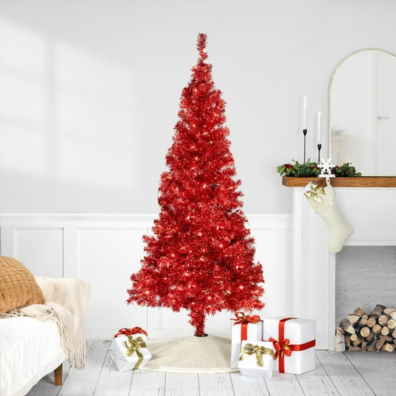 Northlight Pre-Lit Profile Artificial Tinsel Christmas Tree - 6' - Red - Clear Lights