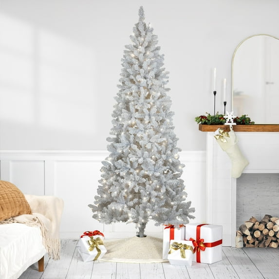 Northlight Pre-Lit Slim Flocked White Pine Artificial Christmas Tree - 7.5' - Warm White LED Lights