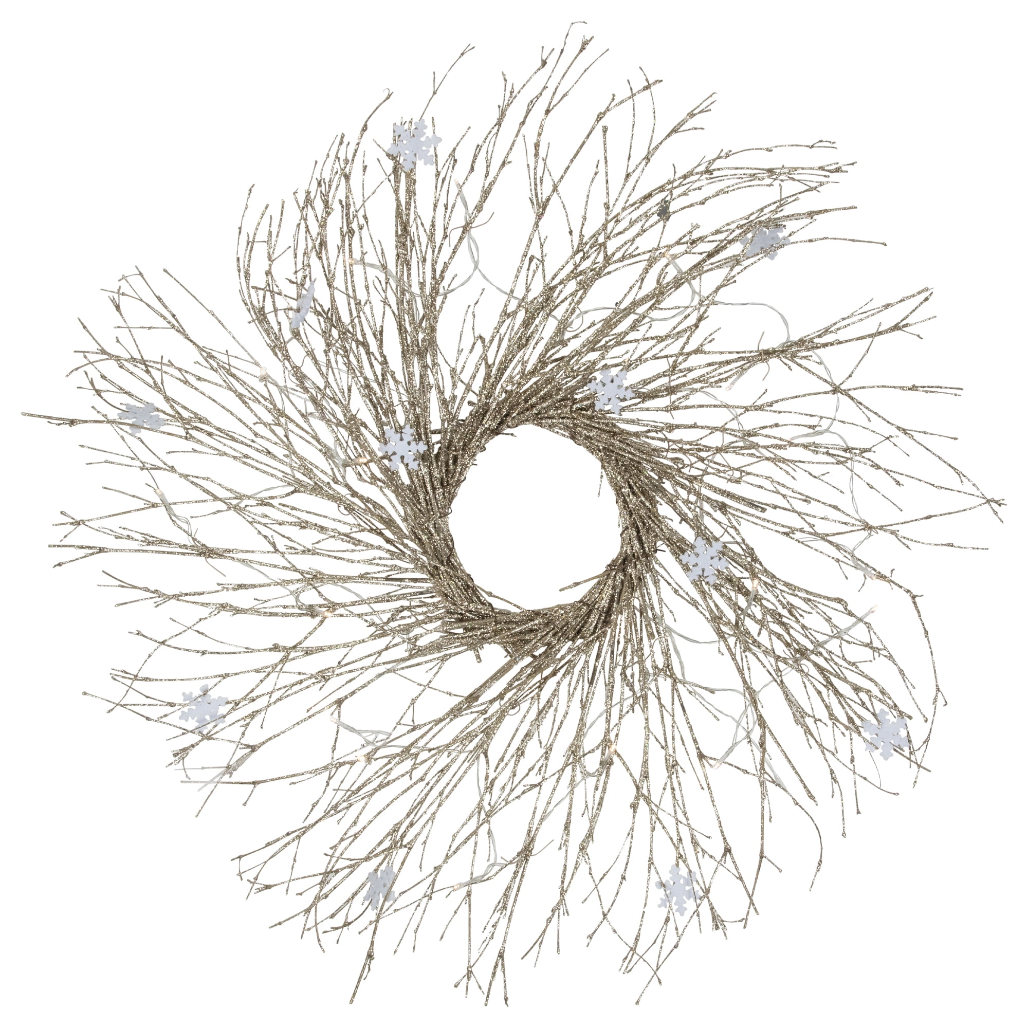 28" Champagne Gold Glittered Artificial Twig Christmas Wreath with Warm White LED Lights