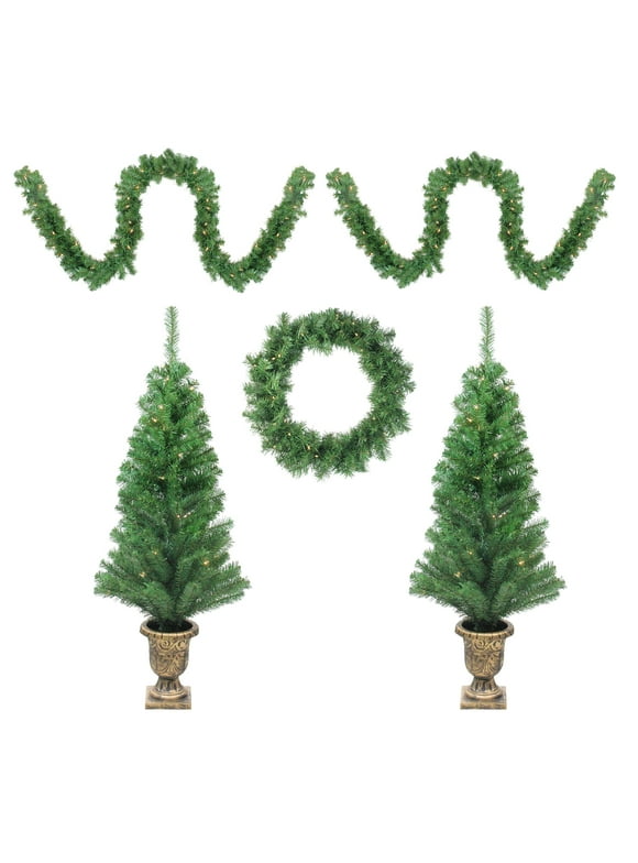 Northlight Prelit Artificial Christmas Trees, Wreath and Garland Set Winter Spruce 5pc - Clear