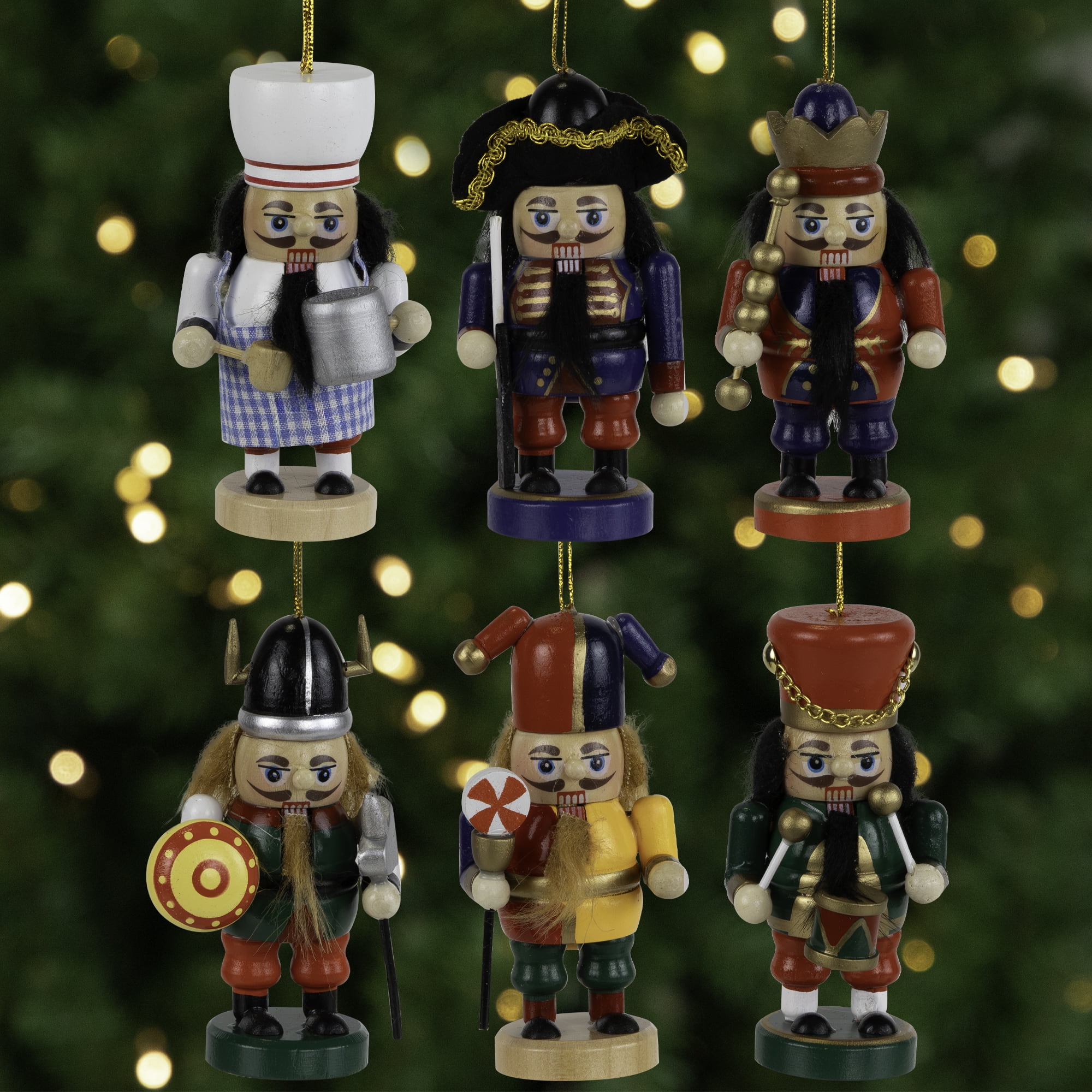 Set of 6 Multicolor Wooden Nutcracker Christmas Ornaments