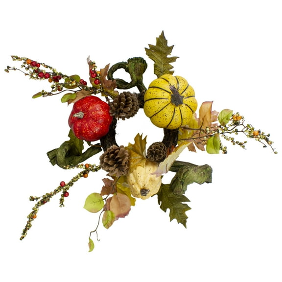 Pumpkin, Berries, Foliage and Pine Cone Fall Harvest Wreath - 13 inch, Unlit