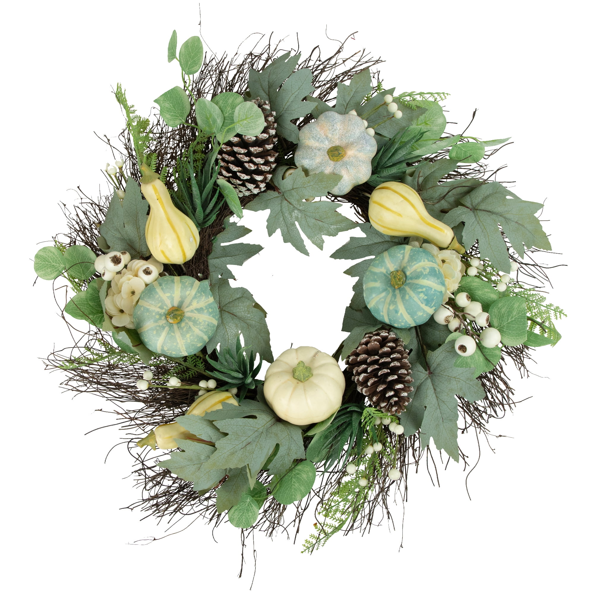 Green and White Artificial Fall Harvest Wreath with Pinecones and Gourds