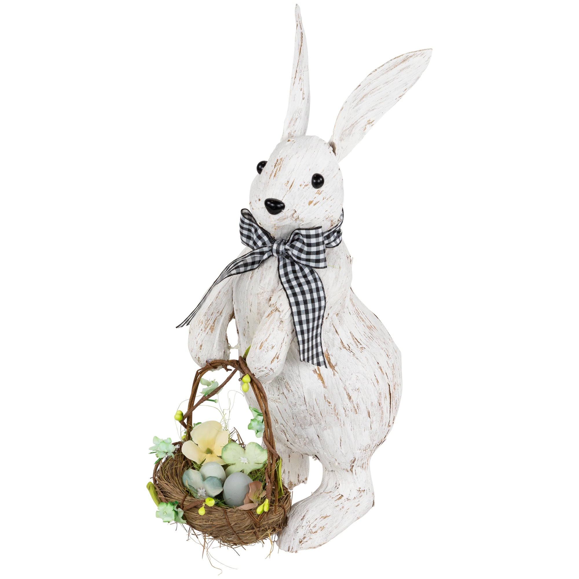 13" Weathered White Plastic Rabbit Figurine with Checkered Bow and Twig Basket