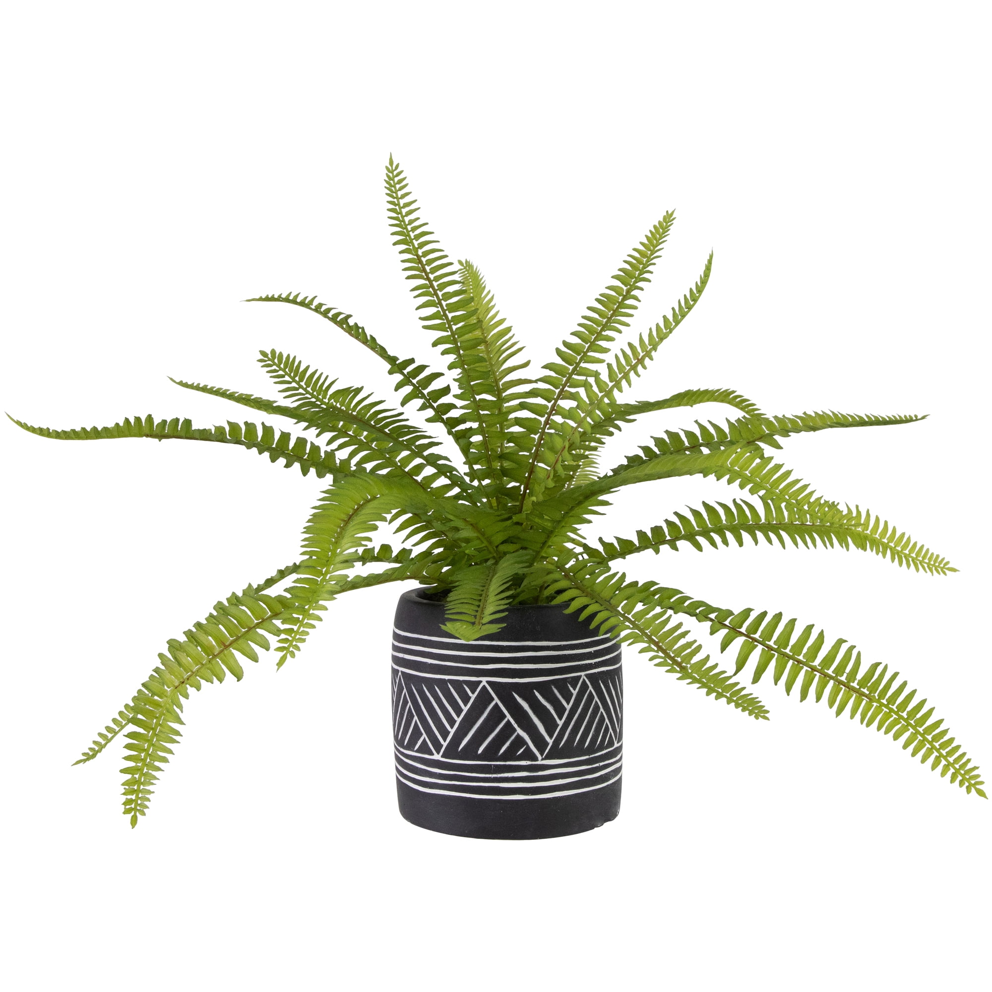 12'' Green Faux Fern Plant in Charcoal Aztec Ceramic Pot