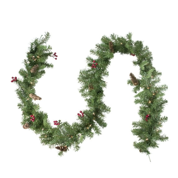 Northlight Real Touch™️ Pre-Lit Noble Fir with Berries Artificial Christmas Garland - 9' x 10" -