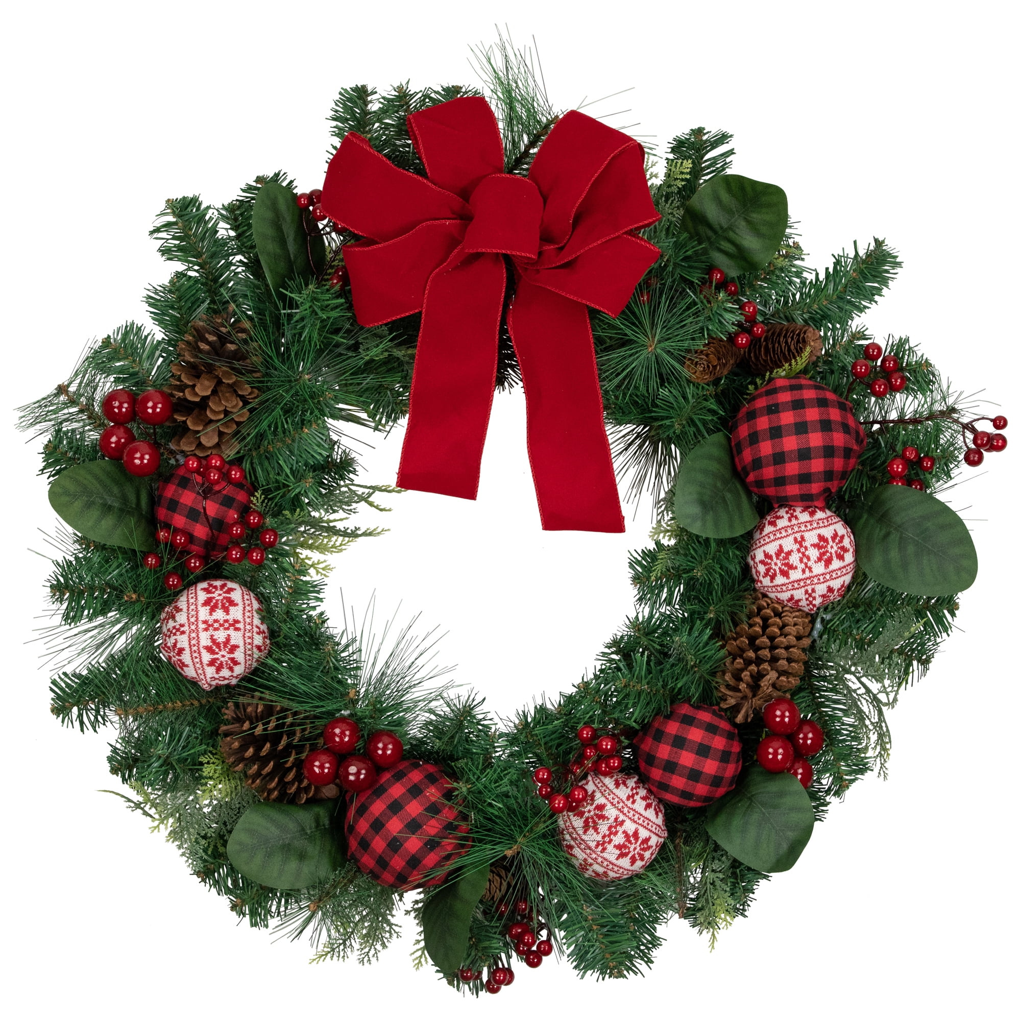 Red Bow and Mixed Foliage 30-Inch Artificial Christmas Wreath