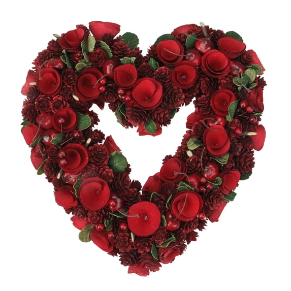 Red Wooden Rose and Cherries Valentine's Day Heart Wreath, 13-Inch, Unlit