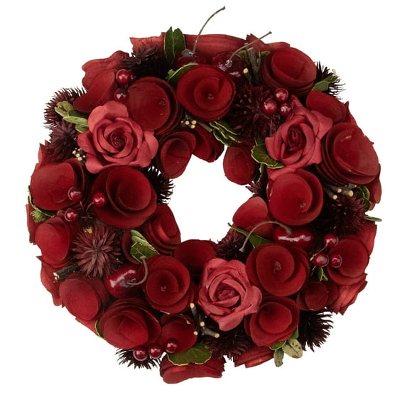 Northlight Red Wooden Roses and Berries Artificial Wreath - 9.5" - Unlit - Red and Green
