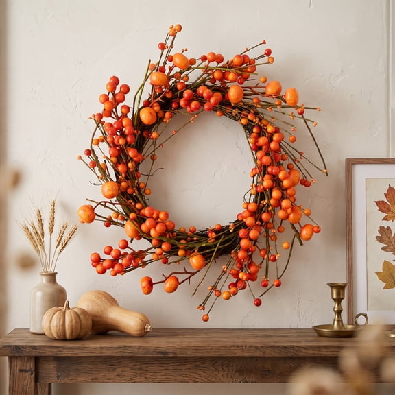 Northlight Pumpkins and Berries Artificial Fall Harvest Small Twig Wreath - 20"