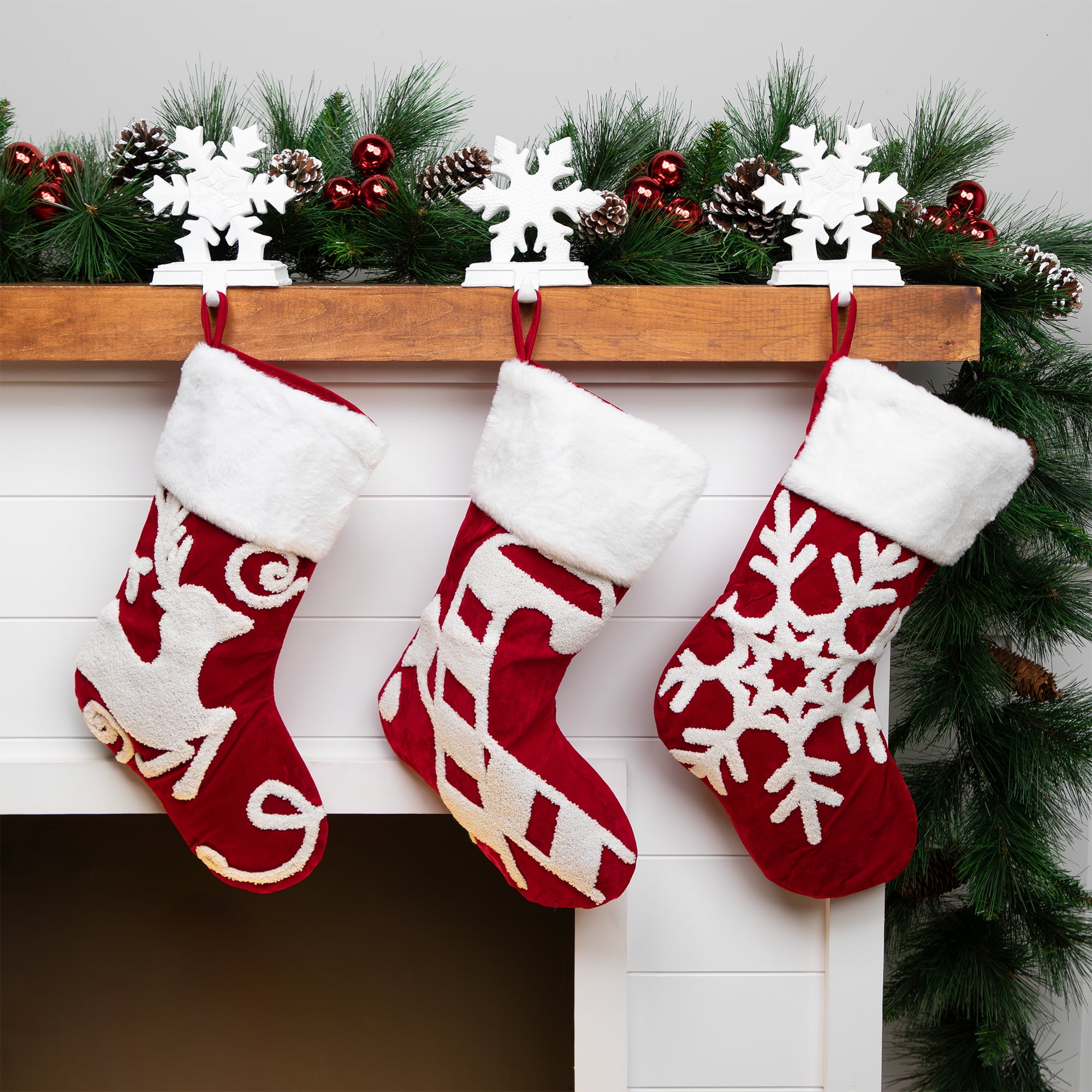 Red and White Embroidered Christmas Stockings with Faux Fur Cuff - Set of 3