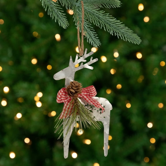 Northlight Reindeer with Pine and Gingham Bowtie Christmas Ornament- 6.25" - Silver and Red