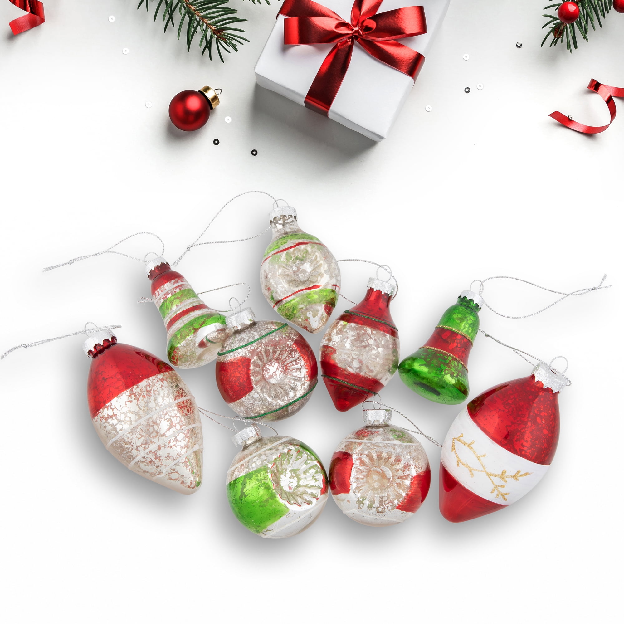 Vintage Red and Green Glass Christmas Ornament Set
