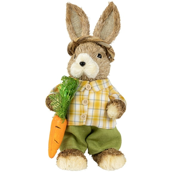 Northlight Rustic Boy Rabbit with Carrot Standing Easter Figure - 13.75" - Brown and Yellow