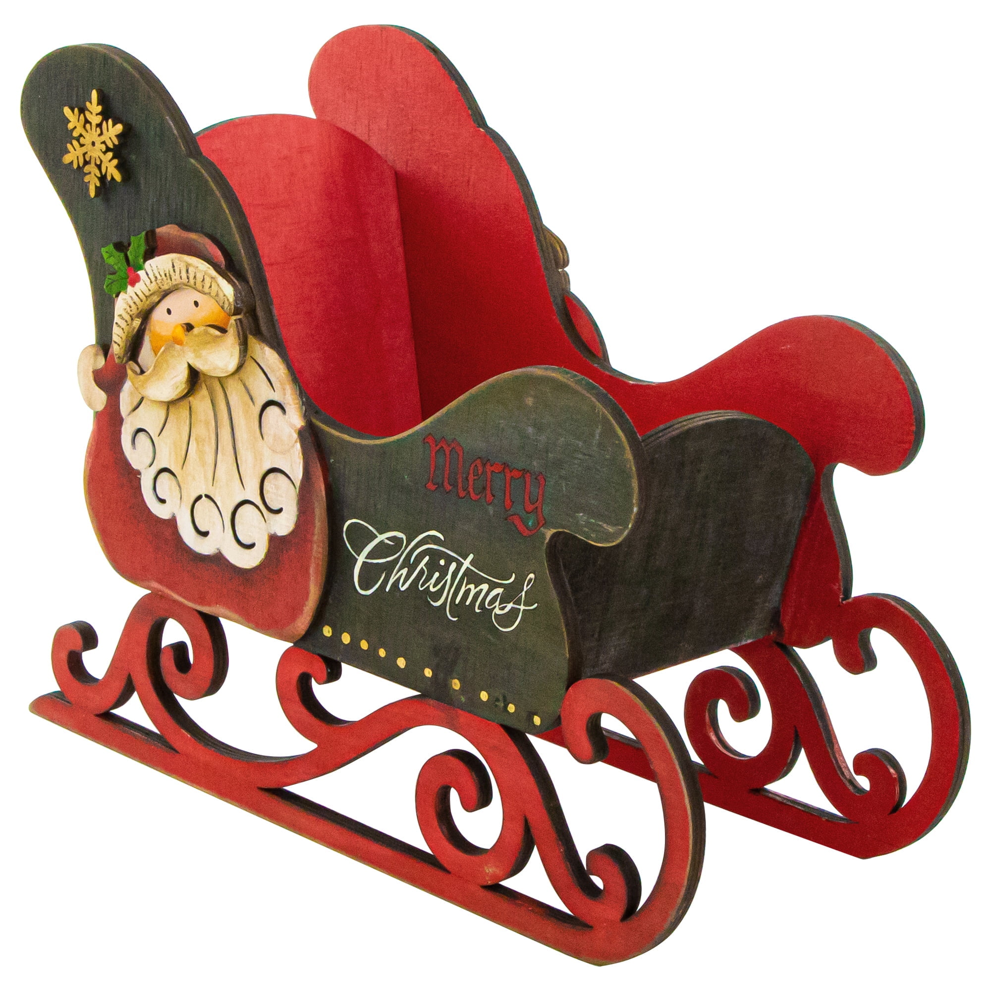 11.5" Red and Black Wooden Santa Claus Sleigh Figurine