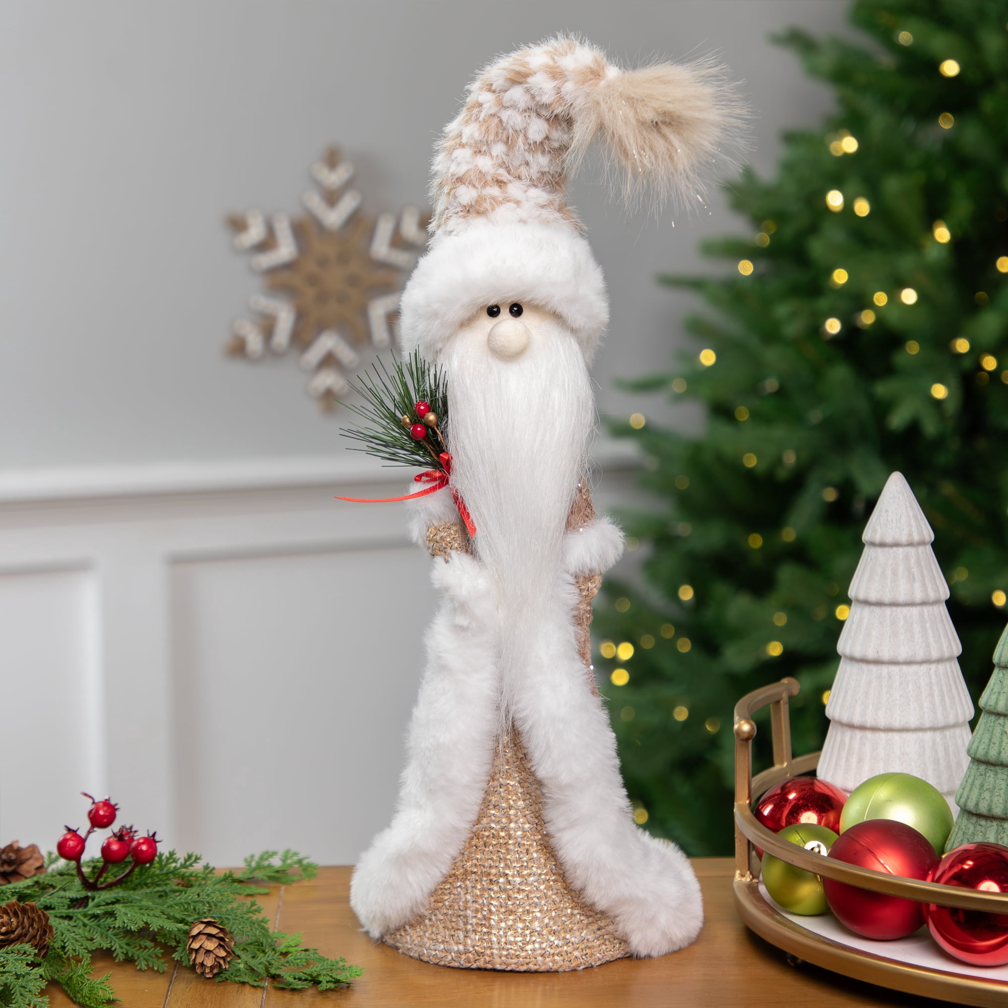 Northlight Santa Gnome Holding Pine Sprigs in Plush Winter Hat Christmas Figure - 19"