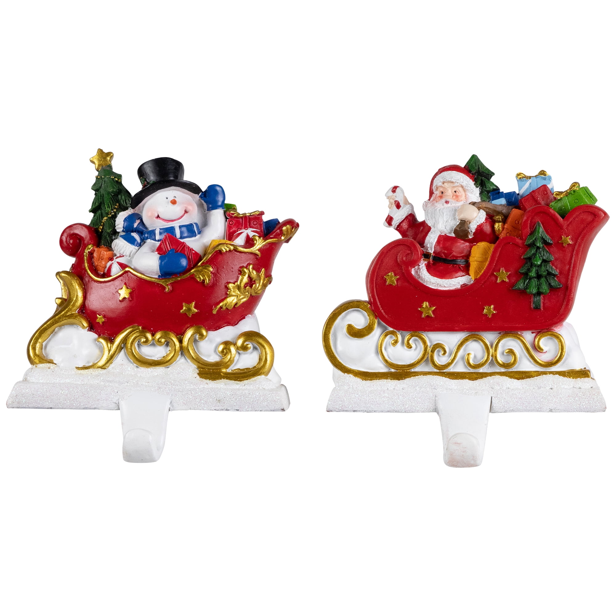 Santa and Snowman Sleigh Ride Resin Stocking Holders Set