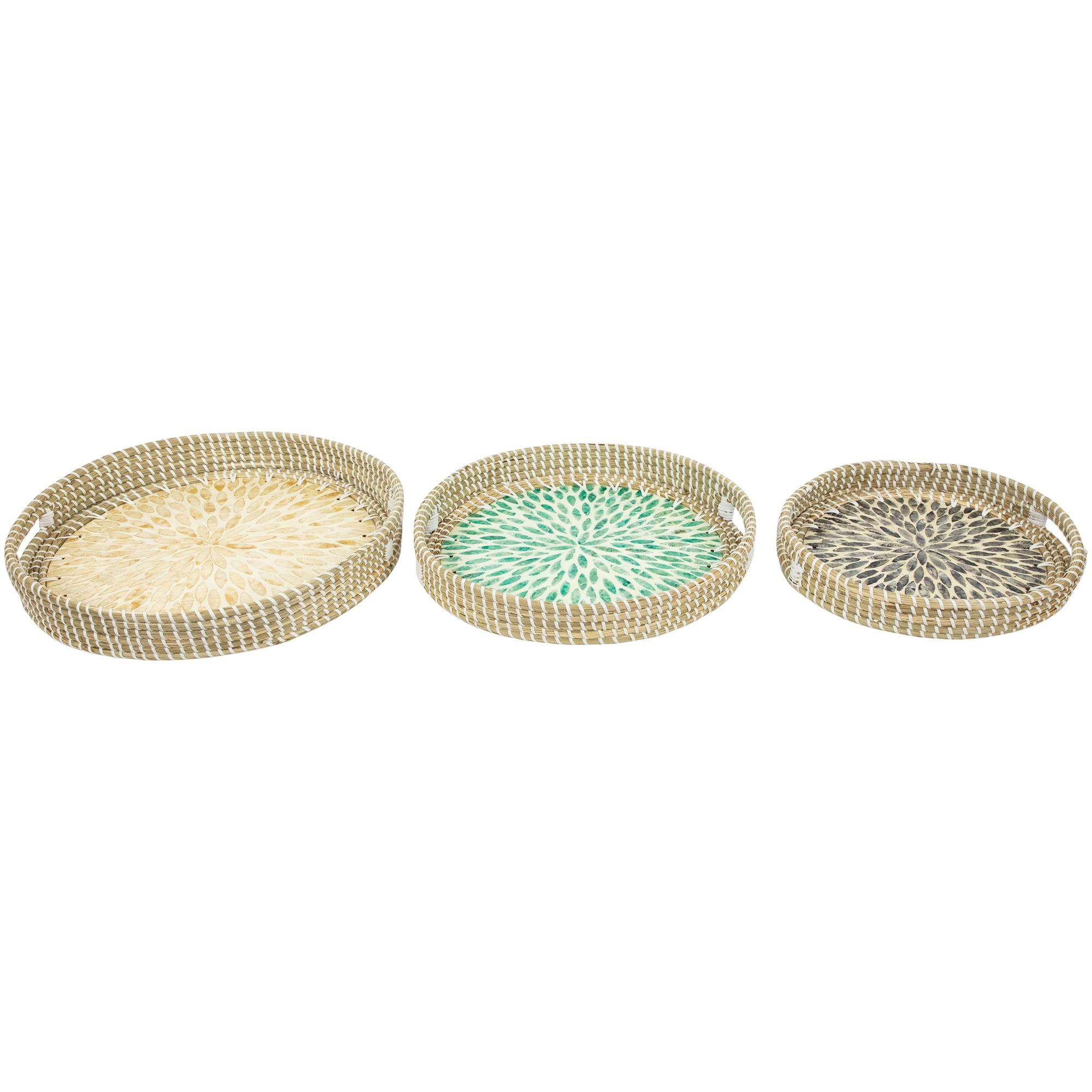 Round Woven Seagrass Trays with Capiz Starburst Design