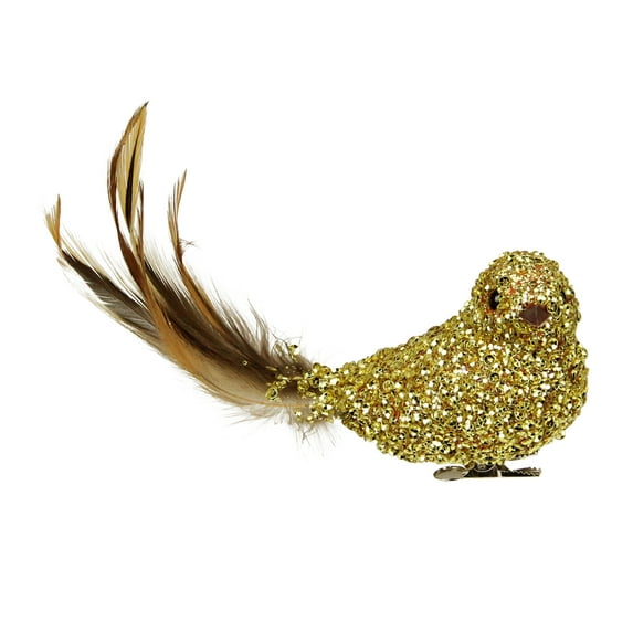 Northlight Sequined Bird with Feather Tail Christmas Ornament with Clip - 6.5" - Gold