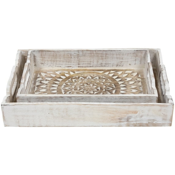 Northlight Set of 2 Brushed White Mandala Display Trays with Handles 18"