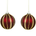 thumbnail image 1 of Northlight Set of 2 Burgundy and Gold Striped Beaded Christmas Glass Ball Ornaments 4", 1 of 7