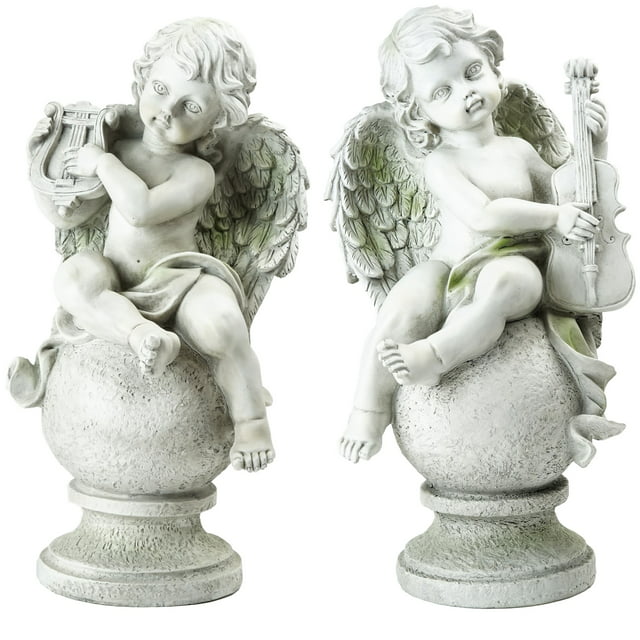 Northlight Set of 2 Cherub Angels with Instruments Sitting Outdoor Patio Garden Statues 14.75" -