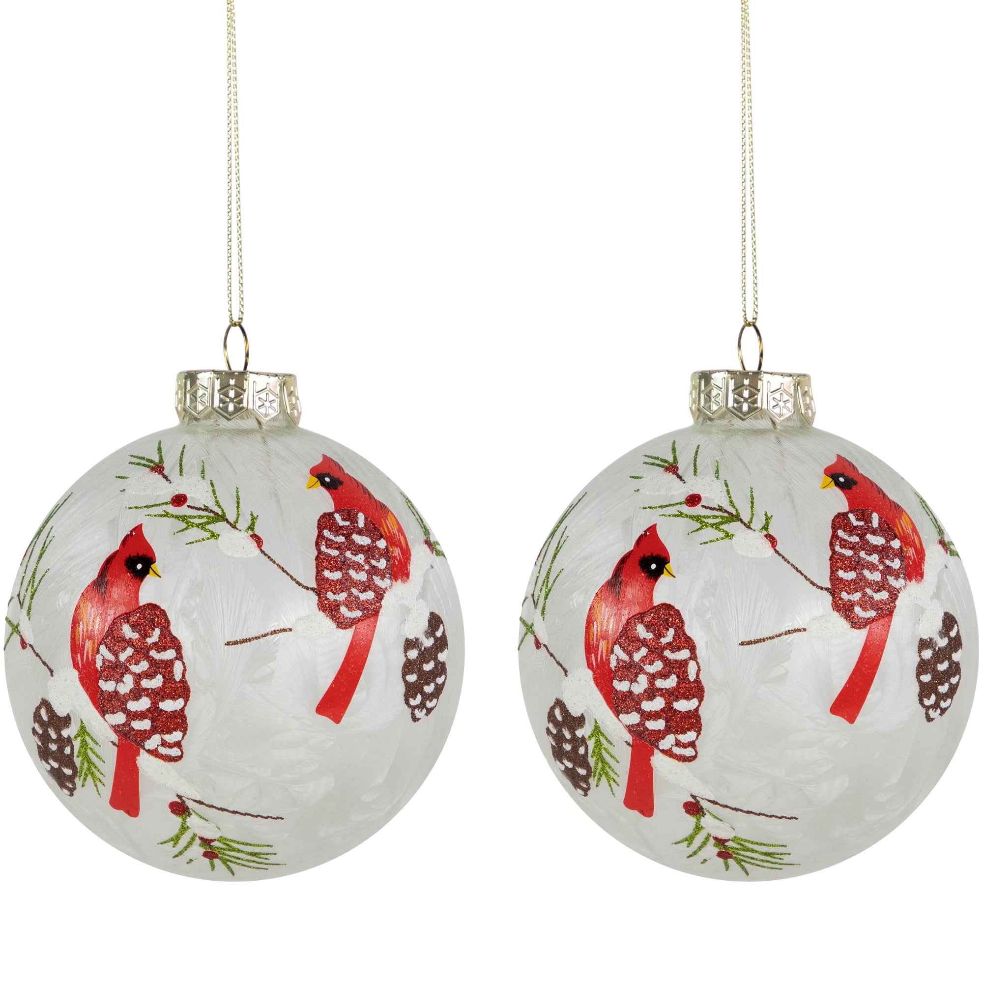 Northlight Cardinal Birds Christmas Glass Ball Ornaments - 4" - White and Red - Set of 2