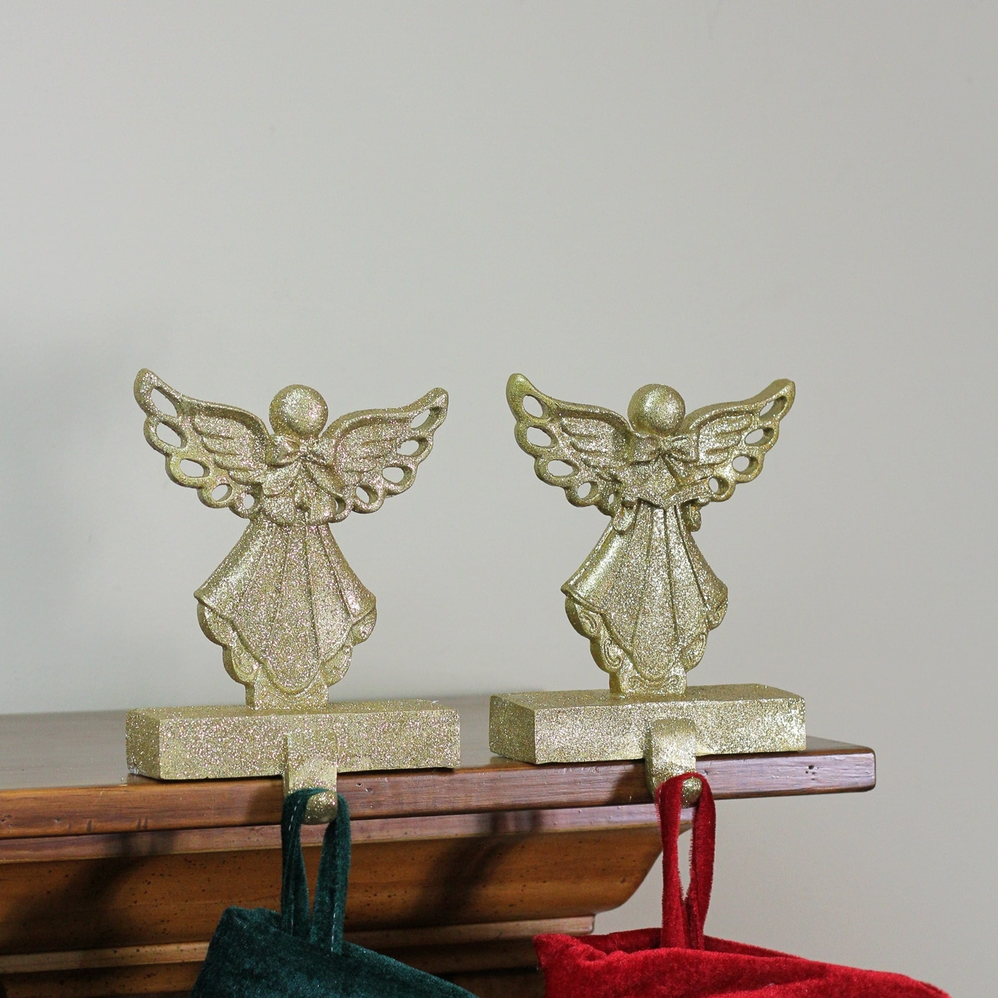 Gold Glitter Angel Christmas Stocking Holders Set of 2