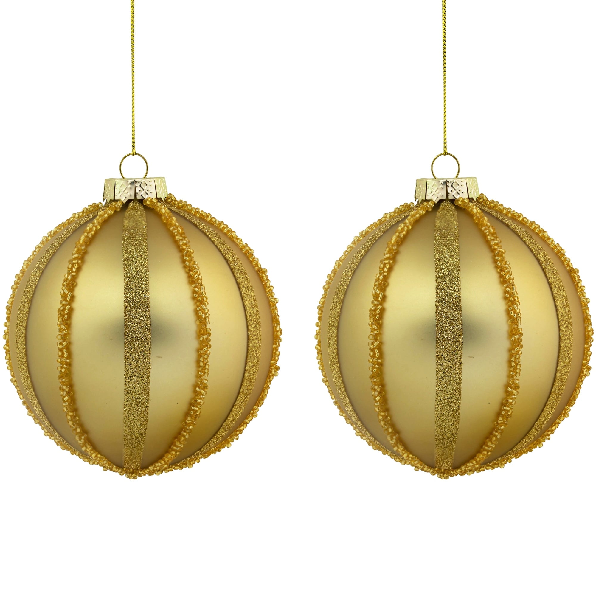 Northlight Set of 2 Gold Striped Glittered Glass Christmas Ball Ornaments 4"