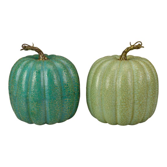 Set of 2 Green Glittered Fall Harvest Tabletop Pumpkins 7"