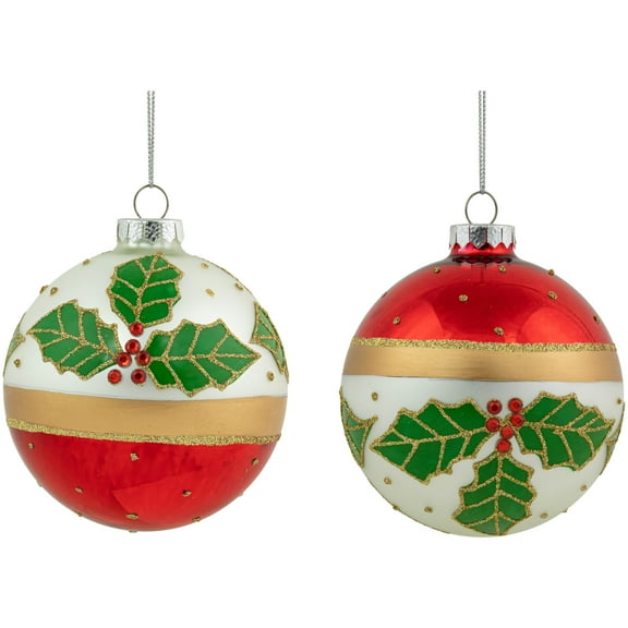 Northlight Holly and Berry Striped Christmas Glass Ball Ornaments - 4" - White and Red - Set of 2