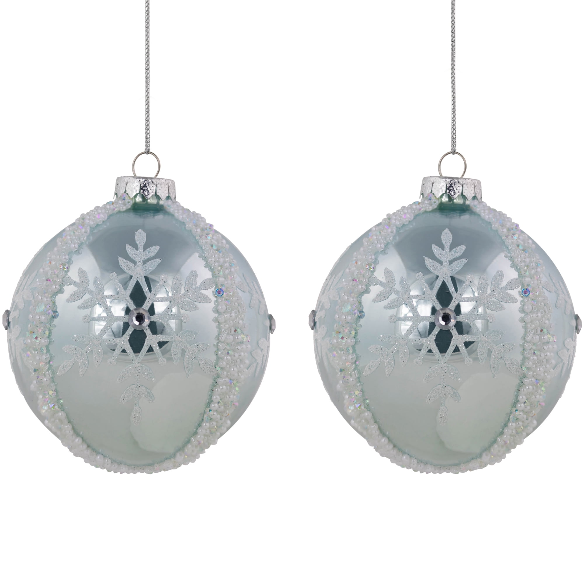Set of 2 Blue Glass Ornaments with Silver Glitter Snowflakes