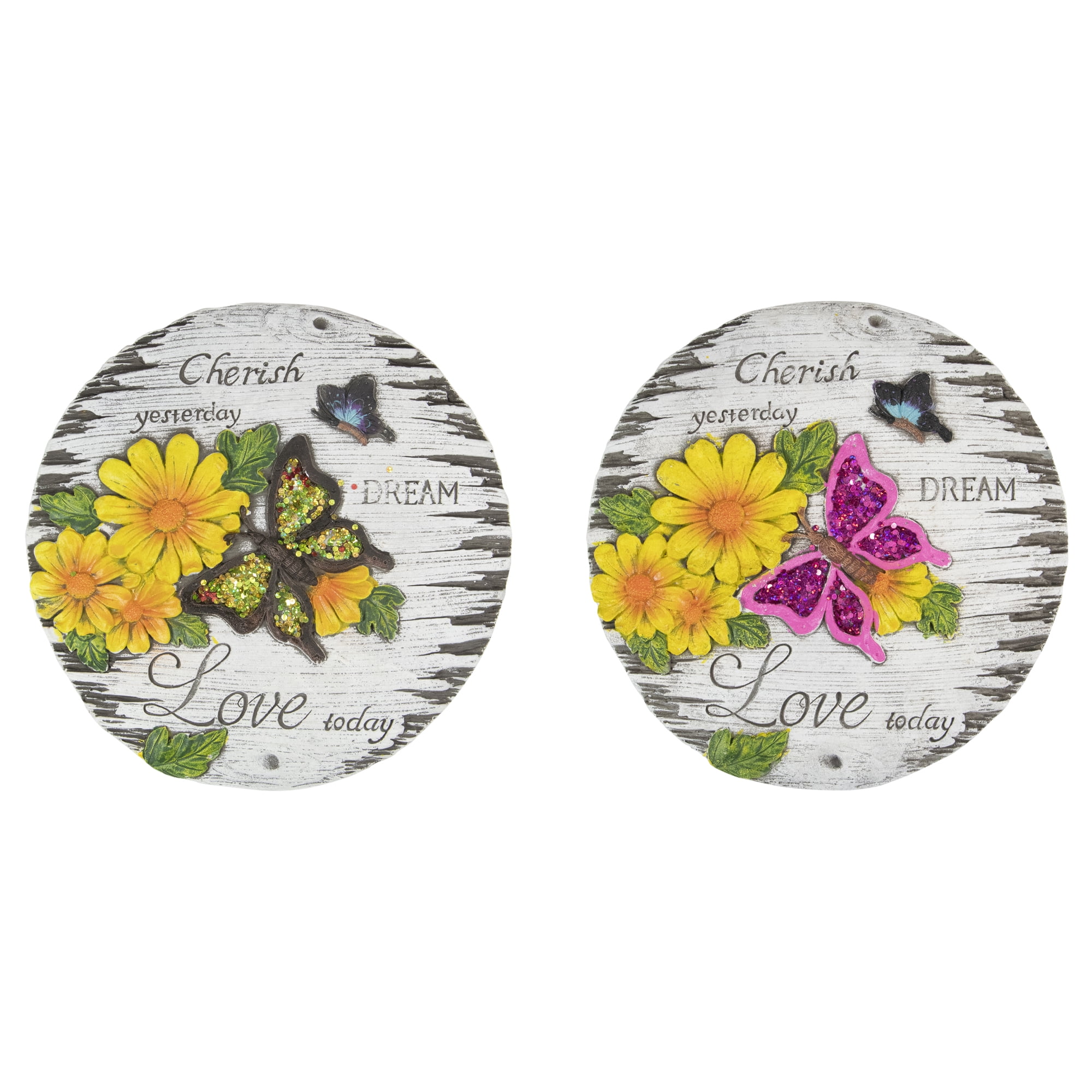 Set of 2 Colorful Floral and Butterfly Garden Stones