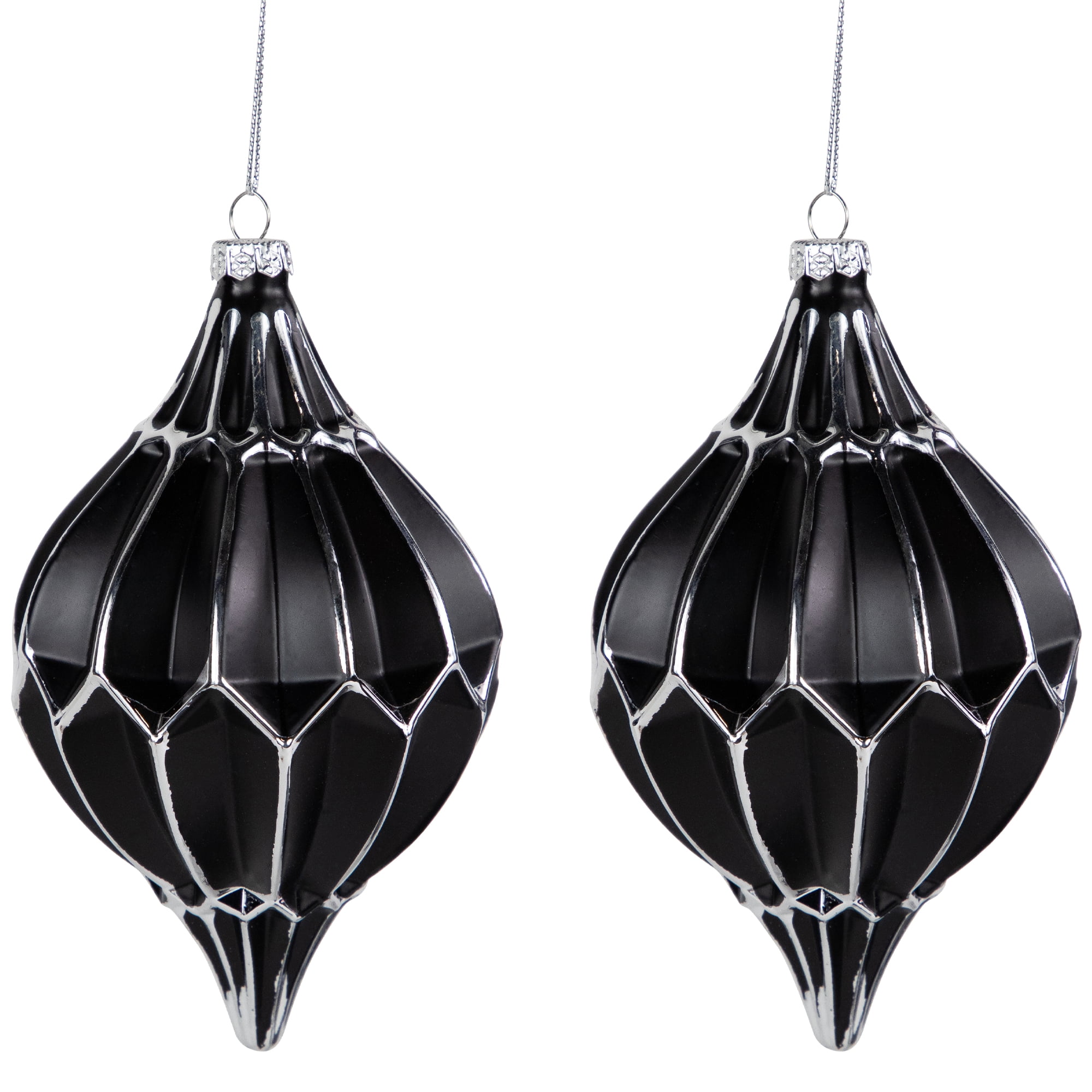 Set of 2 Matte Black and Silver Glass Finial Ornaments