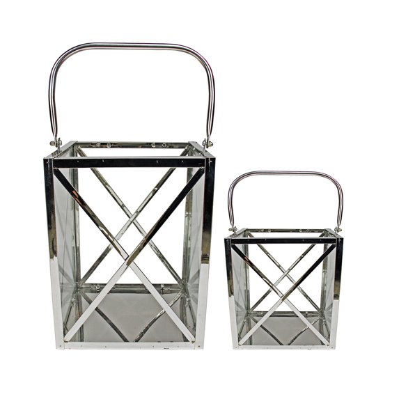 Set of 2 Modern Elegance Metal and Glass Cube Candle Lanterns 8.5"