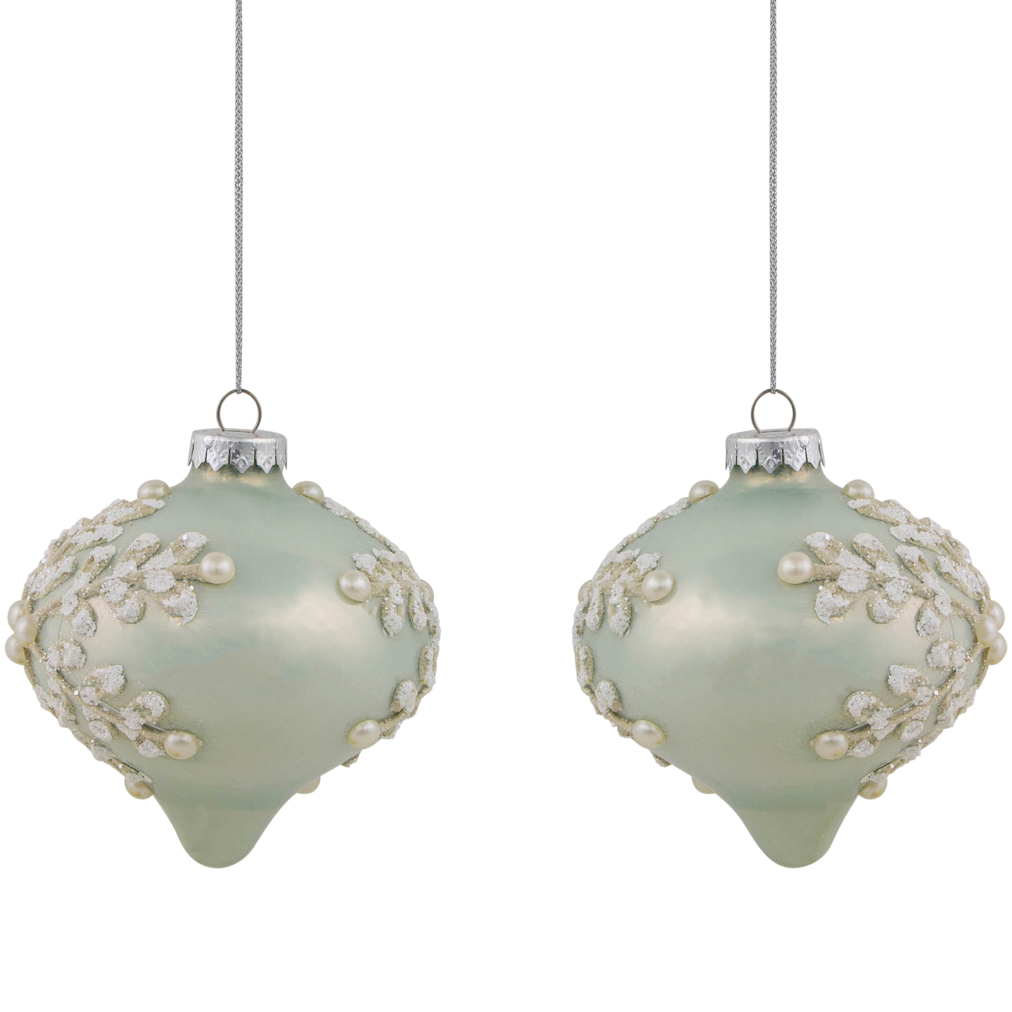 Northlight Set of 2 Pastel Green with Icy Snowflakes Christmas Glass Onion Ornaments 4"