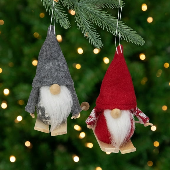 Northlight Set of 2 Red and Gray Skiing Gnomes Christmas Ornaments 5"