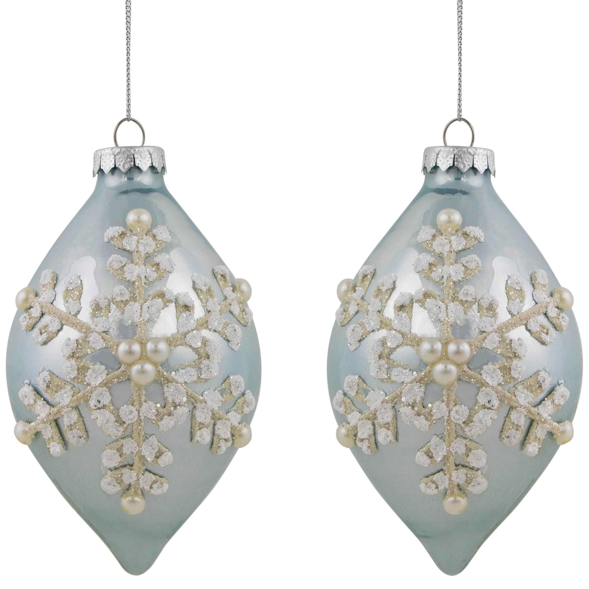 Northlight Set of 2 Shiny Artic Blue Textured Snowflakes Finial Christmas Glass Ornaments 5"